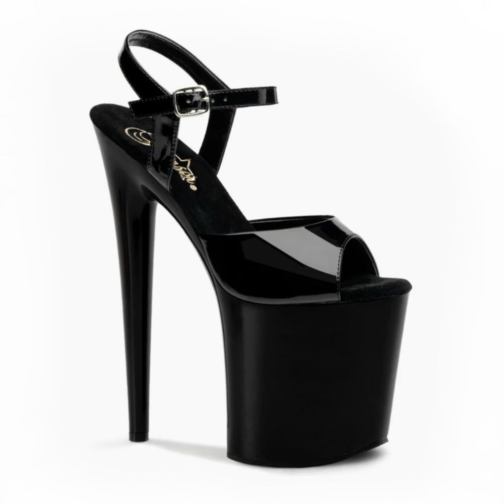 PLEASER Black Flamingo Sandals Vegan Patent Leather Platform Stiletto Size 5